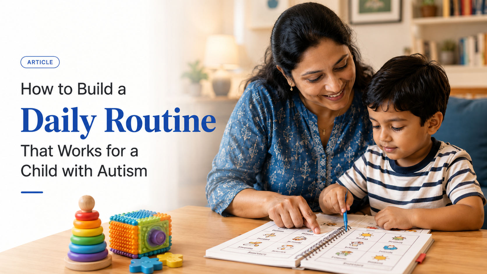 An autistic child with a parent following a simple daily routine, showing structured activities, playtime and calm family support.